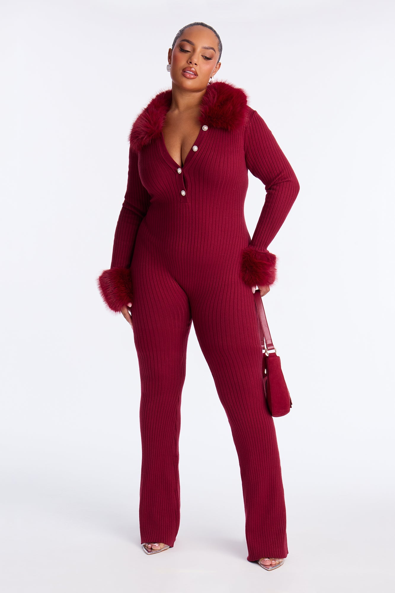 Fiona Fur Trim Jumpsuit - Burgundy