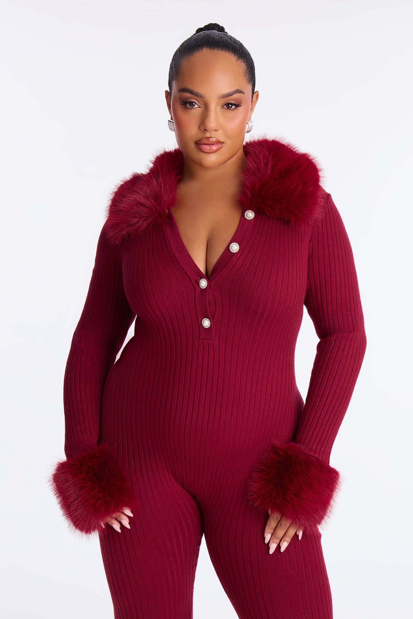 Fiona Fur Trim Jumpsuit - Burgundy