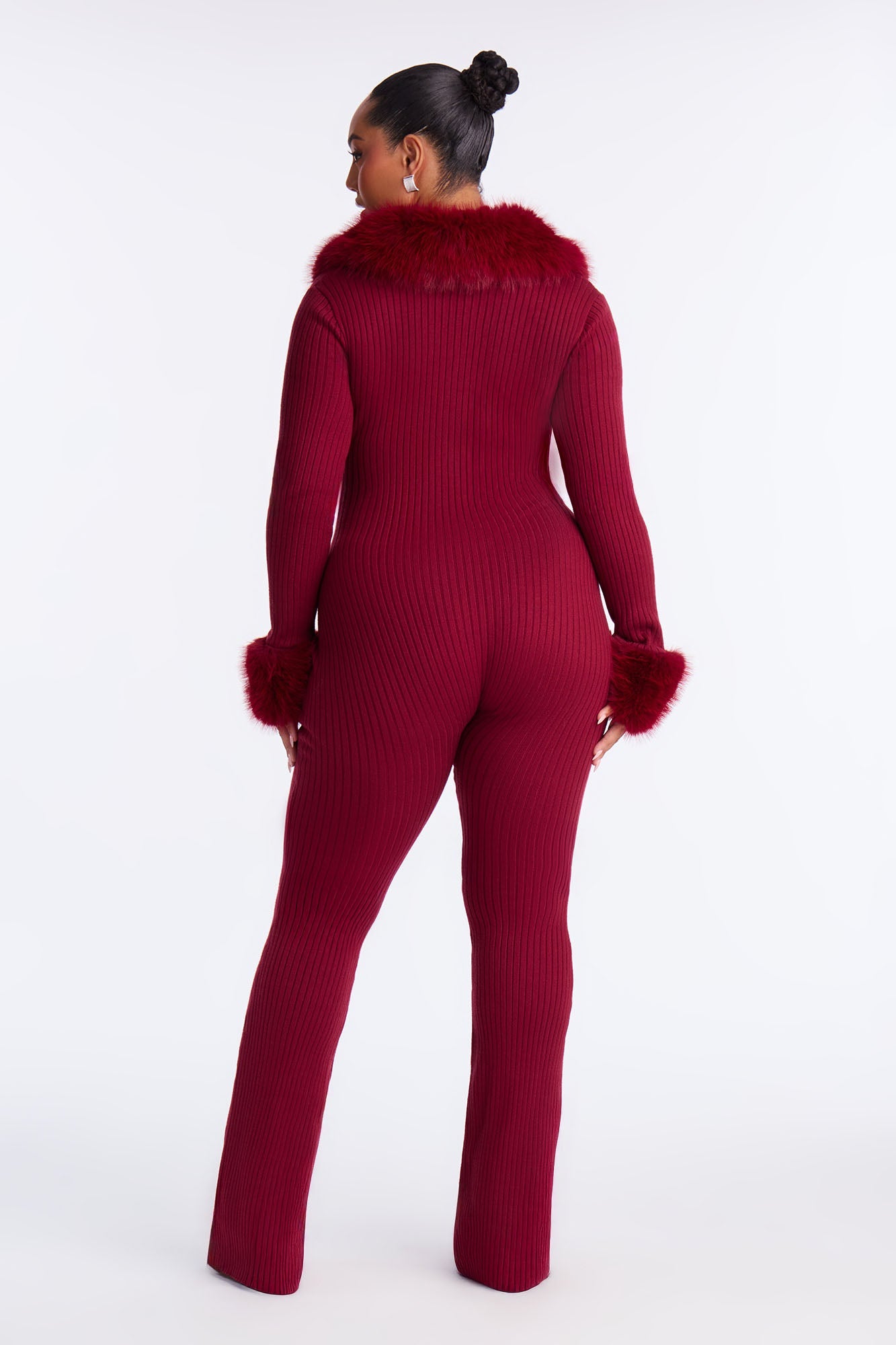 Fiona Fur Trim Jumpsuit - Burgundy