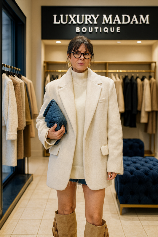 HXAO 2025 Women's Blazer Faux Fur Coats Outerwears Female Spring Jackets White Fitted Long Sleeve Blazer Office Wear Women 066