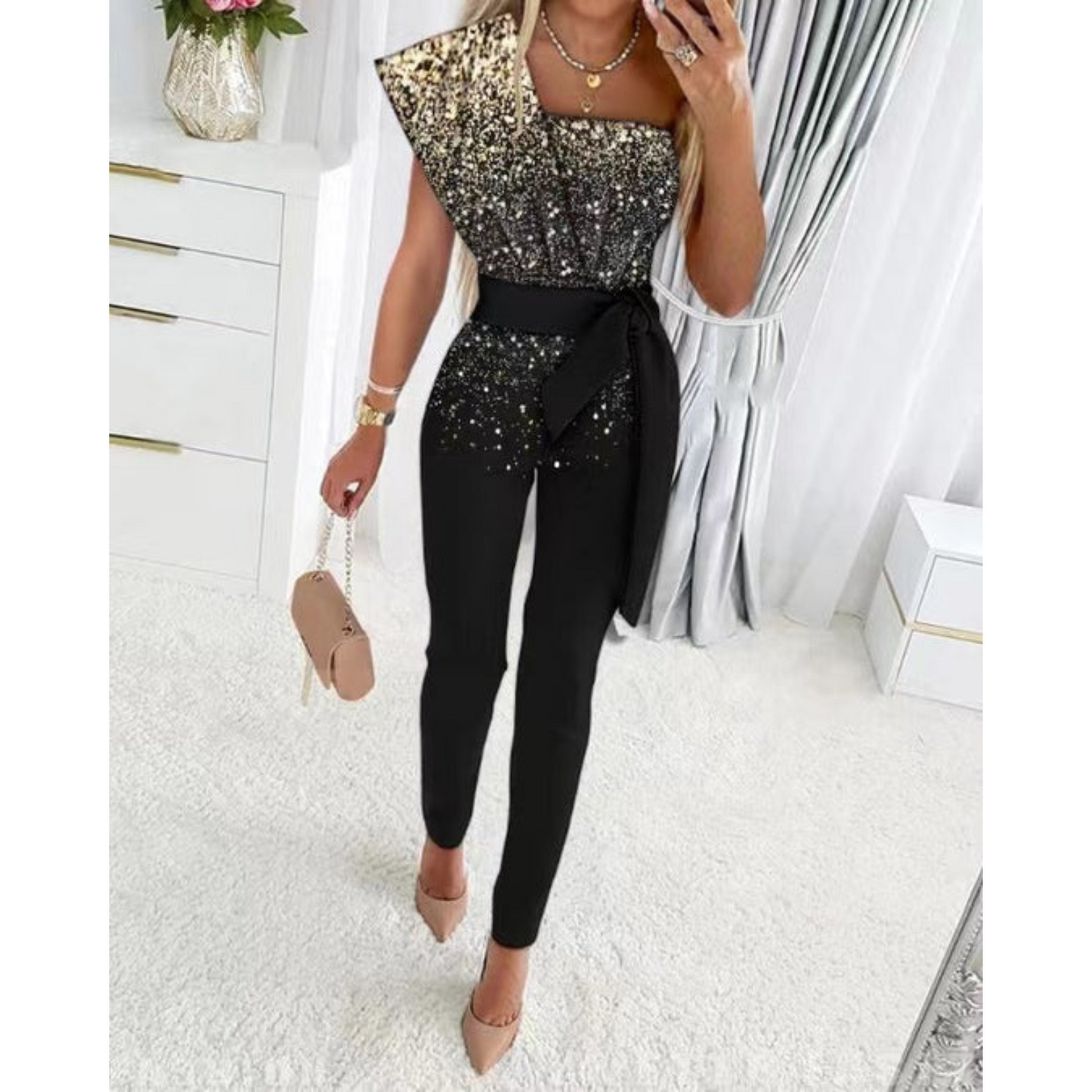 Giorgia - Elegante Glitter Jumpsuit met Strikdetail