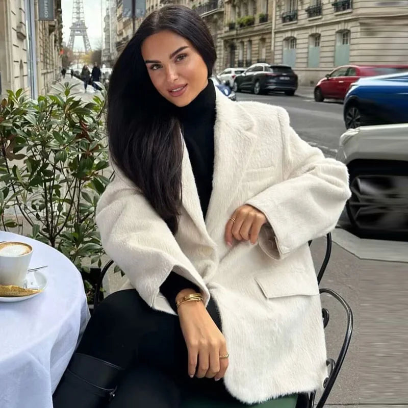 HXAO 2025 Women's Blazer Faux Fur Coats Outerwears Female Spring Jackets White Fitted Long Sleeve Blazer Office Wear Women 066