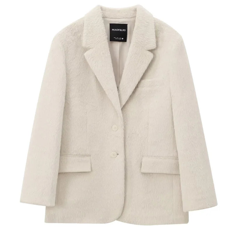 HXAO 2025 Women's Blazer Faux Fur Coats Outerwears Female Spring Jackets White Fitted Long Sleeve Blazer Office Wear Women 066
