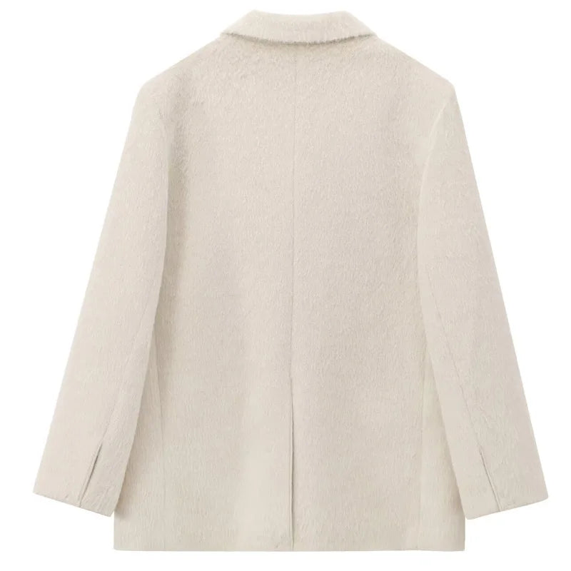 HXAO 2025 Women's Blazer Faux Fur Coats Outerwears Female Spring Jackets White Fitted Long Sleeve Blazer Office Wear Women 066